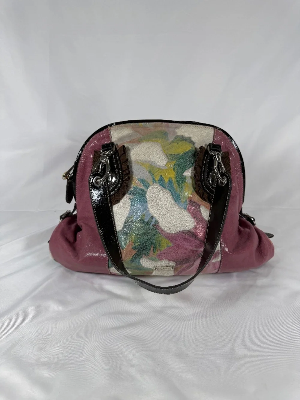 Pulicati Italy Floral Haircalf Leather Satchel Designer Pink Purse